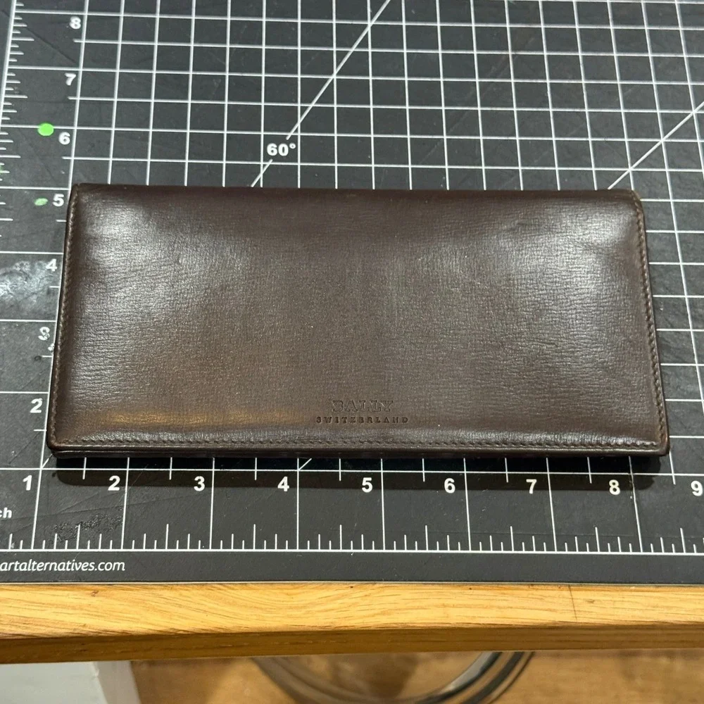 Bally Switzerland Mens Brown Leather‎ Long Bifold Wallet Stripe Detail Vintage